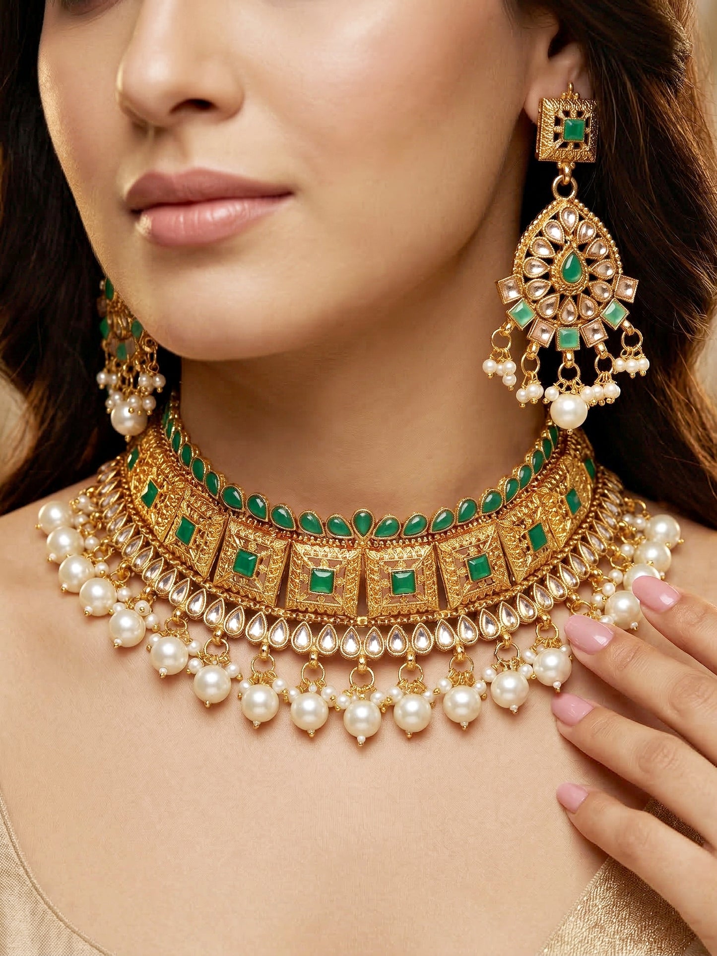Lucky Jewellery Gold-Plated Green Color Choker Set with Tikka (866-G2SR-006-G)