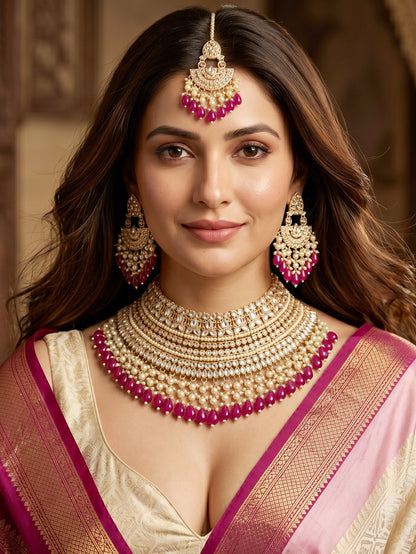 Gold Plated Kundan & Pearl Rani Pink Stone Bridal Choker Jewellery Set with Maang Tikka (1683-ISK-855-R)