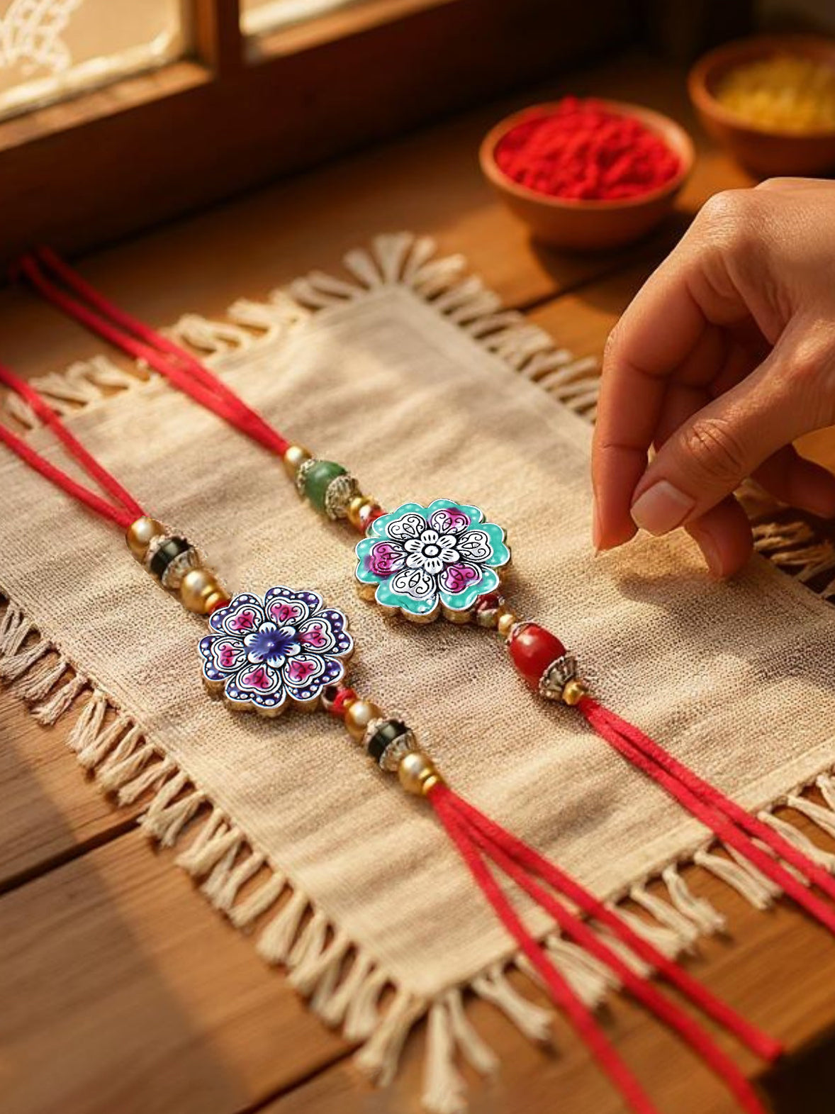 Lucky Jewellery Designer Oxidised Silver Meena Floral Rakhi - Rakshabandhan Rakhee Bracelet for Brother/Bhaiya/Bhai/Bhabhi - Pack of 3 (147-CHR1-1966-3)