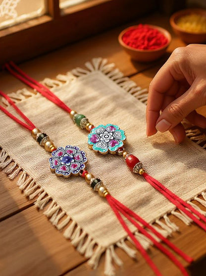 Lucky Jewellery Designer Oxidised Silver Meena Floral Rakhi - Rakshabandhan Rakhee Bracelet for Brother/Bhaiya/Bhai/Bhabhi - Pack of 3 (147-CHR1-1966-3)