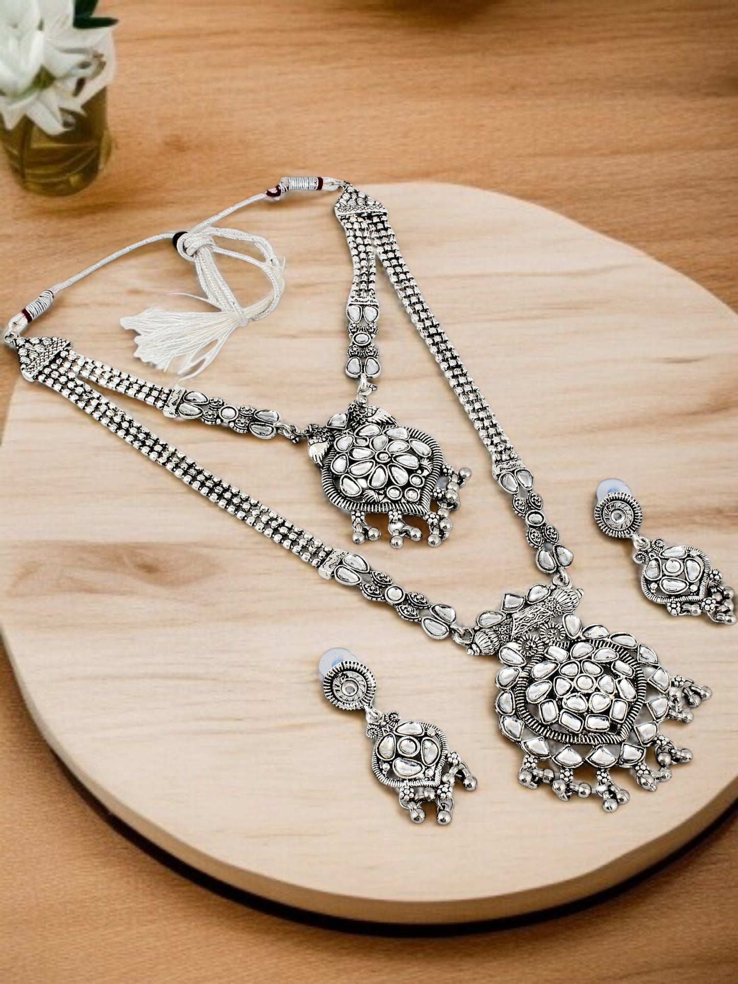 Oxidised Silver Plating Navratri Festival Jewellery Necklace Set with Earrings