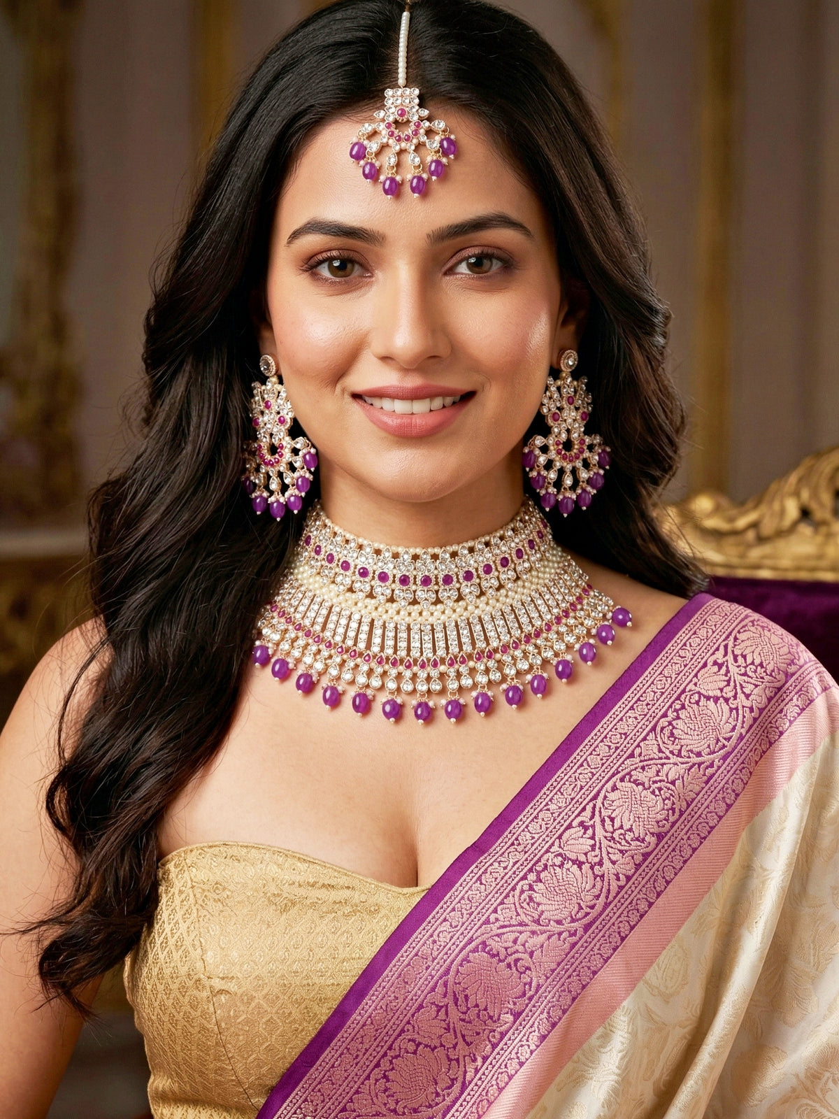 Rose Gold Plated AD Purple Stone & Pearl Bridal Choker Jewellery Set with Maang Tikka (974-B5SP-007-P)