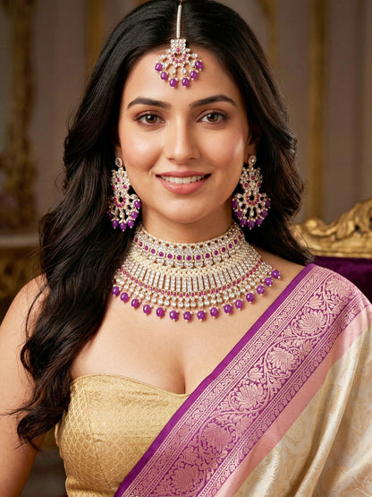 Rose Gold Plated AD Purple Stone & Pearl Bridal Choker Jewellery Set with Maang Tikka (974-B5SP-007-P)