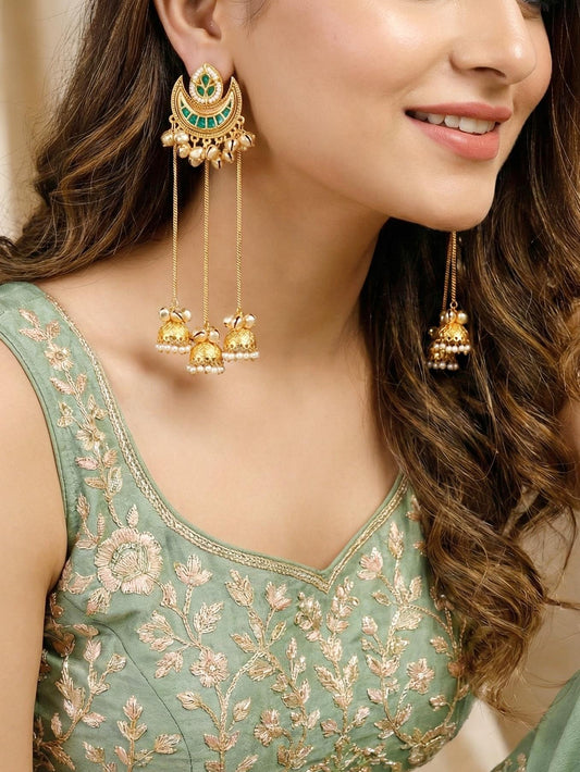 LUCKY JEWELLERY Gold-Plated Kashmiri Earrings with Green Stone, Triple Chain Layer & Triple Jhumka Drops | Chandbali Style Earring Set for Girls & Women | Wedding, Festival & Gift Wear