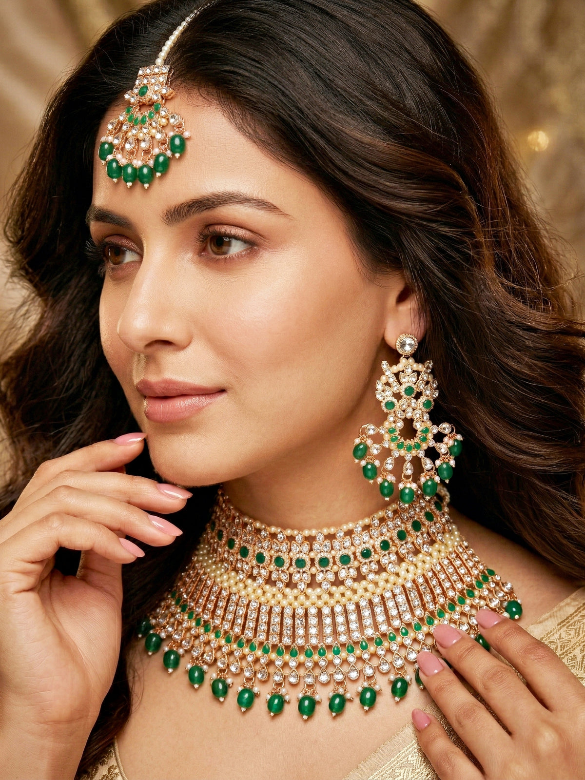 Rose Gold Plated AD Green Stone & Pearl Bridal Choker Jewellery Set with Maang Tikka (974-B5SP-007-G)