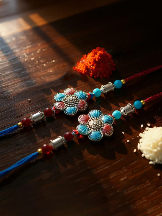 Lucky Jewellery Designer Oxidised Silver Rakhi - Rakshabandhan Magenta & Turquoise Color Meena Rakhee Bracelet for Brother/Bhaiya/Bhai/Bhabhi - Pack of 2 (106-CHR1-1967-RF-S-2)