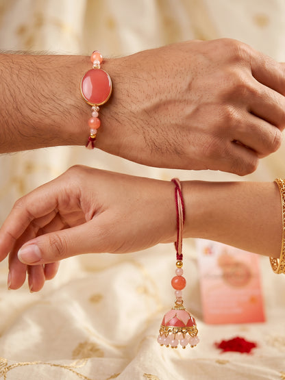 Set of 2 Pink Faux Stone Bhaiya Bhabhi Rakhi Set with Jhumki Lumba. Pink Beads, Roli, Chawal & Card (265-CHCR1-1151-PK-2-2026)