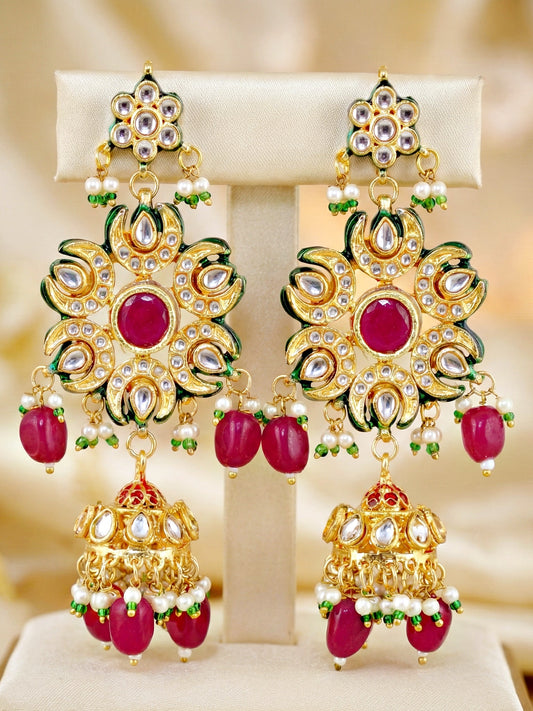 LUCKY JEWELLERY  18K Gold Plated Kundan Jhumka with Red Stone Back Meenakari Earrings for Girls & Women| Designer kundan Jhumkee Earring Set |Birthday Gift Earrings Valentine Anniversary