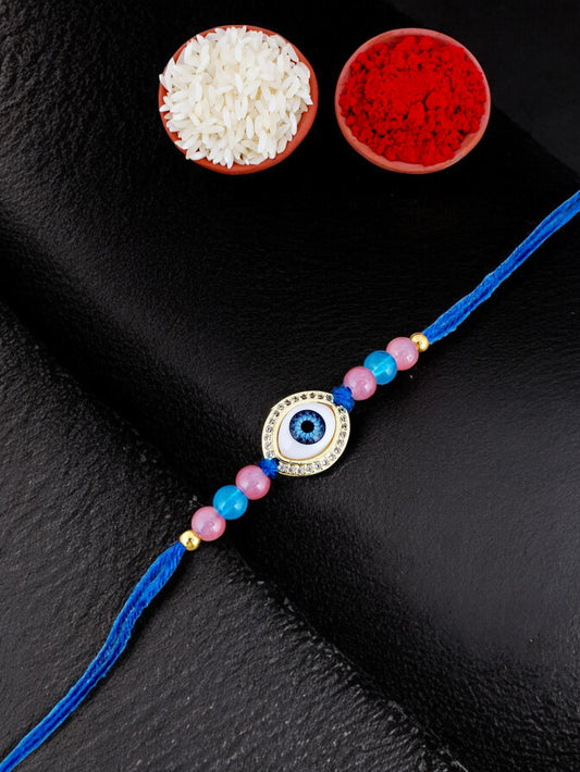 Lucky Jewellery Designer Gold Plated Evil Eye Stone Rakhi - Rakshabandhan Pearl Rakhee Bracelet for Brother Bhaiya Bhai Bhabhi - Pack of 1 (265-CHR1-1191-F-1)