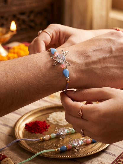 Set of 2 Rakhi with Silver Geometric AD Pendant, Pastel Beads, Roli Chawal & Card (225-CHR1-1004C-S-2-2026)
