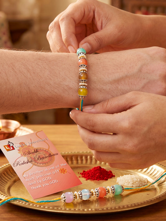Set of 2 Multicolor Beaded Rakhi for Brother with Roli Chawal & Card (96-JPR1-1993-MT-S-2-2026)