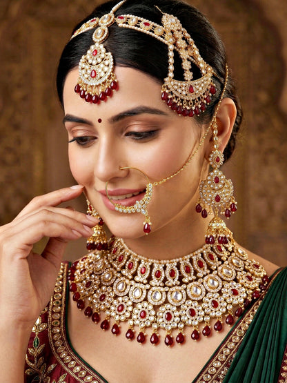 Bridal AD Maroon Stone Heavy Choker Jewellery Set with Sheesh Patti, Nath & Jhumka (3300-M8ZK-1104-M)