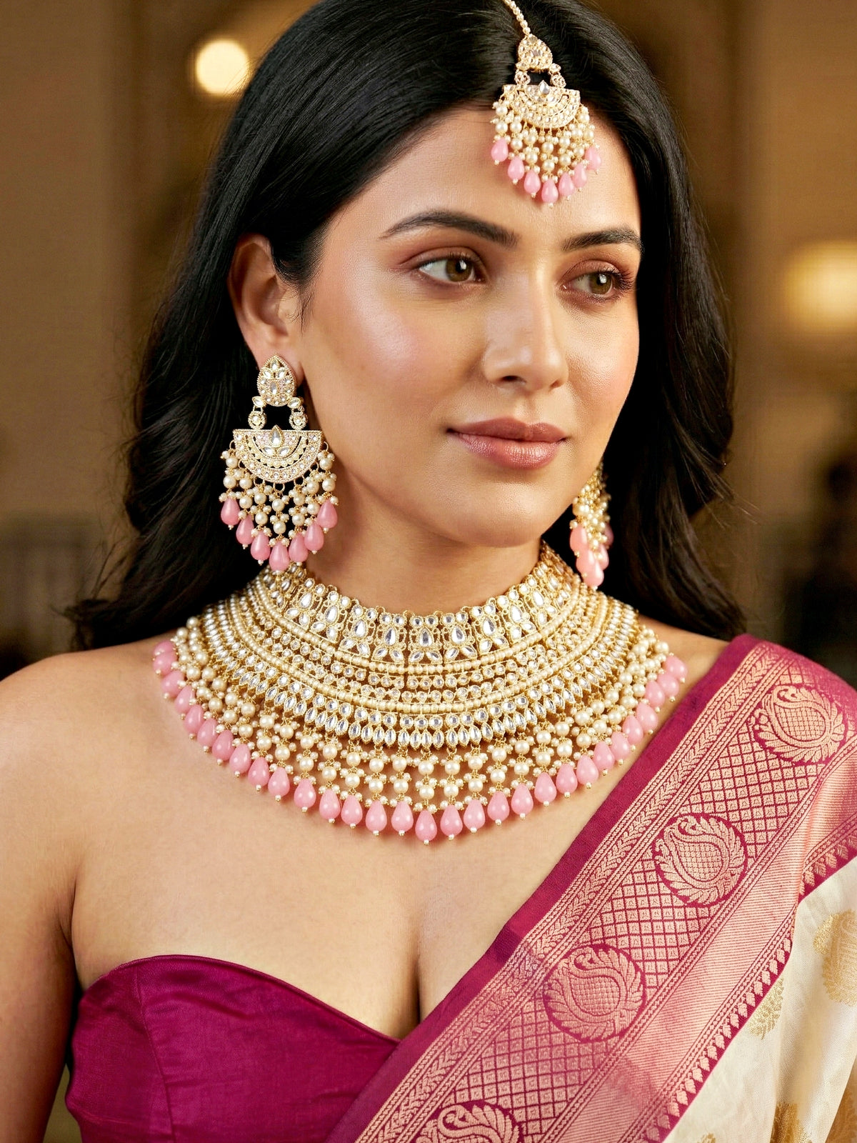 Gold Plated Kundan & Pearl Pink Stone Bridal Choker Jewellery Set with Maang Tikka (1683-ISK-855-PK)