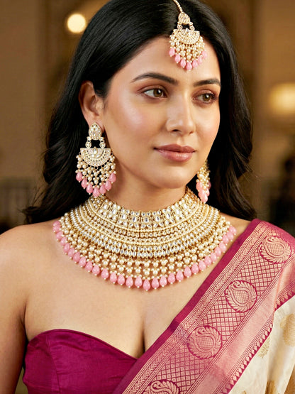 Gold Plated Kundan & Pearl Pink Stone Bridal Choker Jewellery Set with Maang Tikka (1683-ISK-855-PK)
