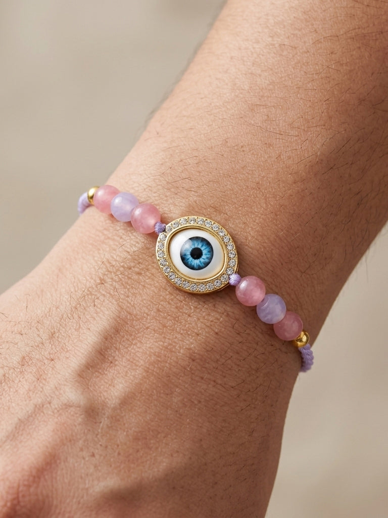 Evil Eye Rakhi for Brother. Protective Charm with Pastel Beads, Roli, Chawal & Card (265-CHR1-1191-P-1-2026)