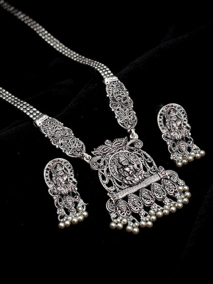 Oxidised Silver Goddess Laxmi Temple Jewellery Necklace Set with Earrings