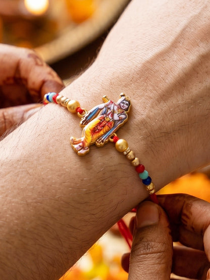 Spiritual Flute-Playing Krishna Beaded Rakhi Set For Brother With Roli Chawal & Card (84-S5R1-JCP328)