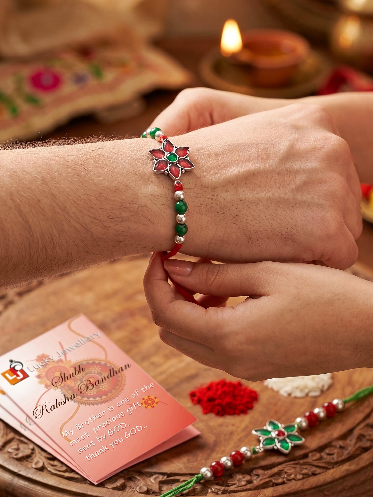Set of 2 Floral Rakhi for Brother with Maroon & Green Enamel, Beads, Roli Chawal & Card (102-JPR1-1970-S-2-2026)
