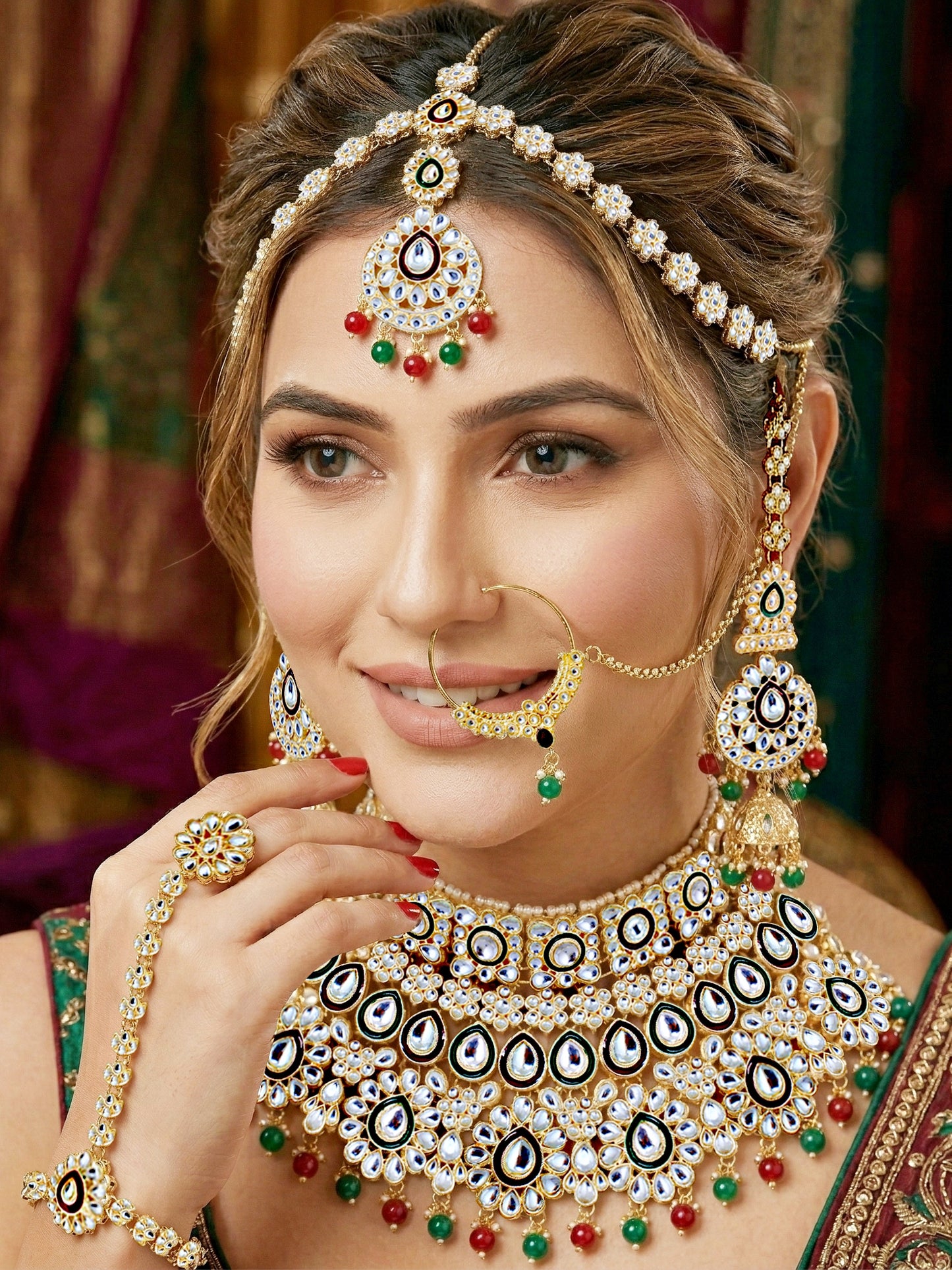 Bridal Kundan Multicolor Heavy Choker Jewellery Set with Hathphool & Nath (2640-IZK-551-MG)