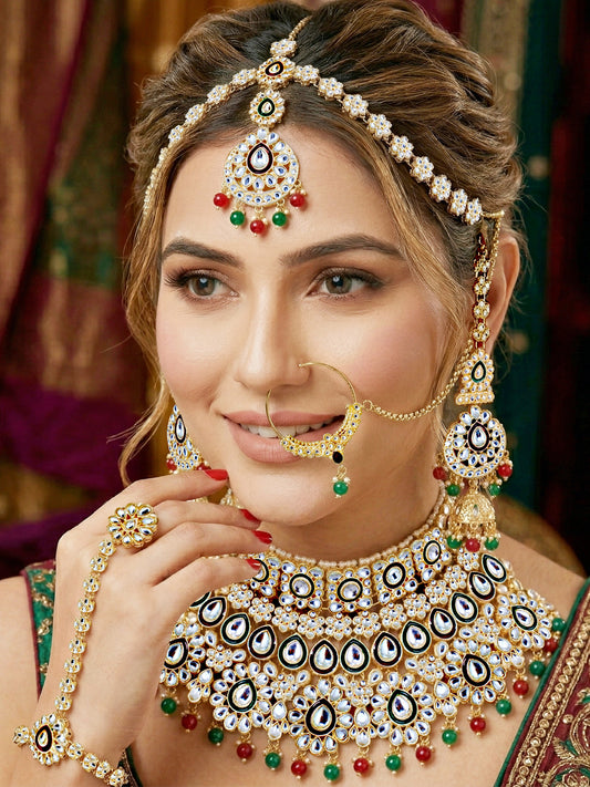 Bridal Kundan Multicolor Heavy Choker Jewellery Set with Hathphool & Nath (2640-IZK-551-MG)