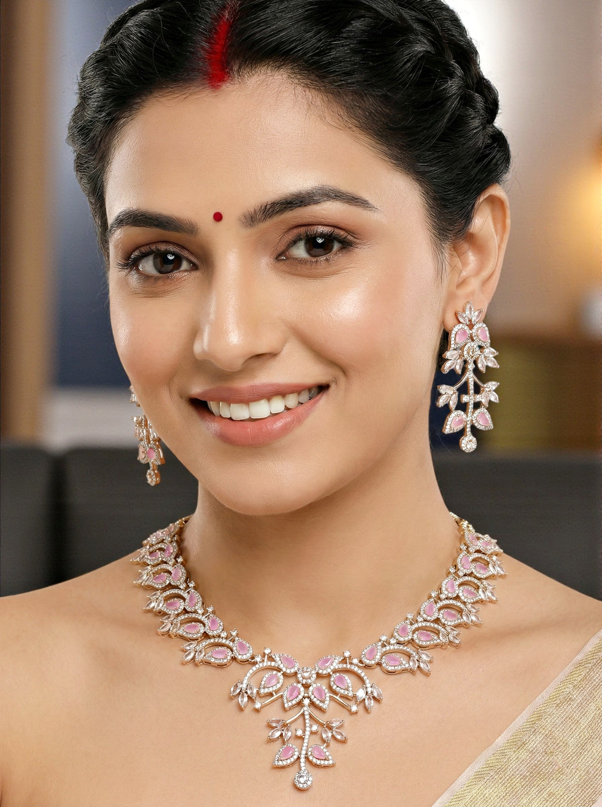 Silver-Tone Pink Stone & American Diamond Necklace Set with Earrings for Women – Office, Party & Function Wear (1948-K4SA-2241-PK-S)