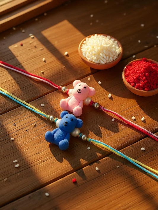 Lucky Jewellery Designer Pink and Blue Color Teddy Bear Kids Rakhi - Rakshabandhan Plastic Cute Teddy Rakhee Bracelet for Brother/Bhaiya/Bhai/Bhabhi & Kids - Pack of 2 (105-CHR1-1206-PKB-2)