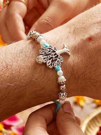 Set of 2 Silver Tree of Life Rakhi for Brother with White Beads, Roli Chawal & Card (72-JPR1-1958-S-2-2026)