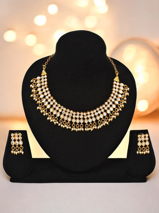 Gold Plated Beaded Choker Necklace Set with Earrings for Women and Girls