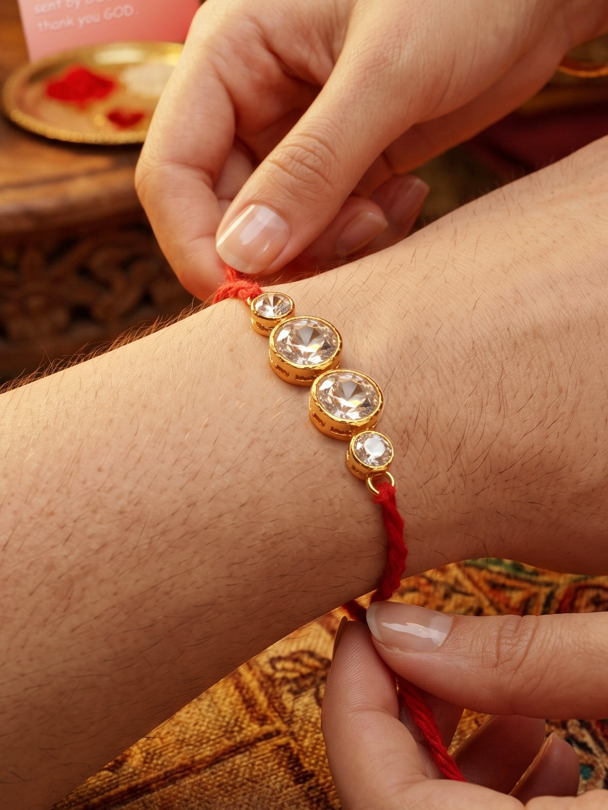 LUCKY JEWELLERY Traditional Rakhi for Brother/Bhaiya – Gold Plated Red Thread Rakshabandhan Rakhie White Stones for Bhai/Bhabhi (Pack of 2) – Fancy Rakhee Bracelet Rakshasutra (152-L1R1-10A-W-2-2026)