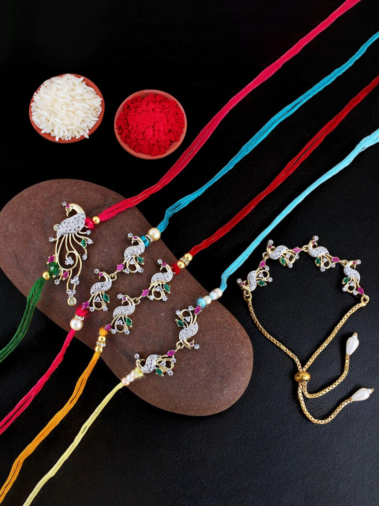 Lucky Jewellery Designer Gold Plated American Diamond (AD) Stone Rakhi - Rakshabandhan Peacock Design Rakhee Lumba Bracelet with Pull Chain for Brother Bhaiya Bhai Bhabhi - Pack of 5 (680-P4R1-1544-5)