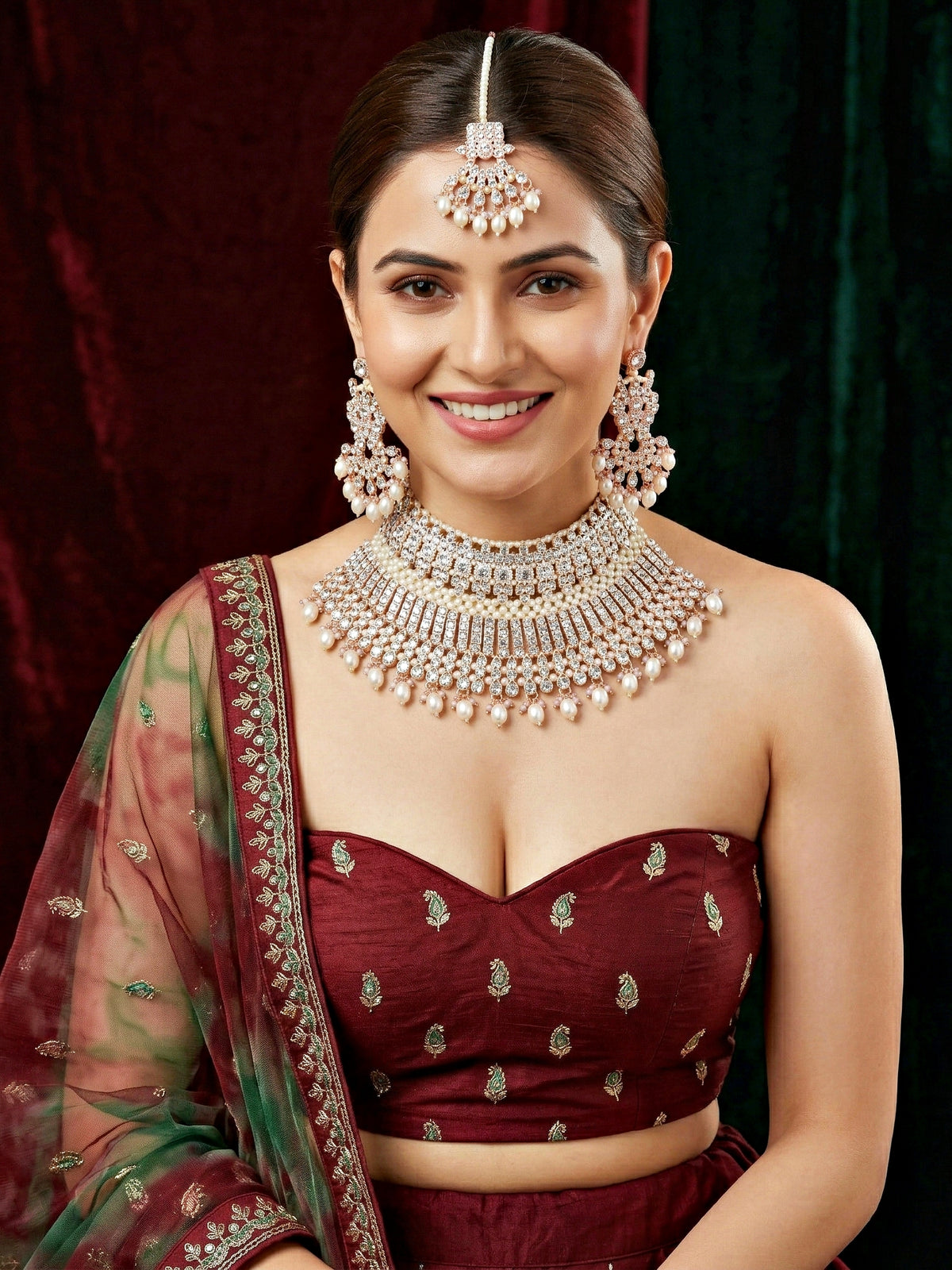 Rose Gold Plated AD White Stone & Pearl Bridal Choker Jewellery Set with Maang Tikka (974-B5SP-007-W)