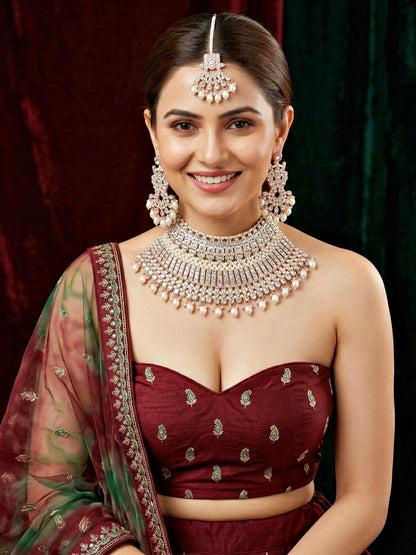 Rose Gold Plated AD White Stone & Pearl Bridal Choker Jewellery Set with Maang Tikka (974-B5SP-007-W)