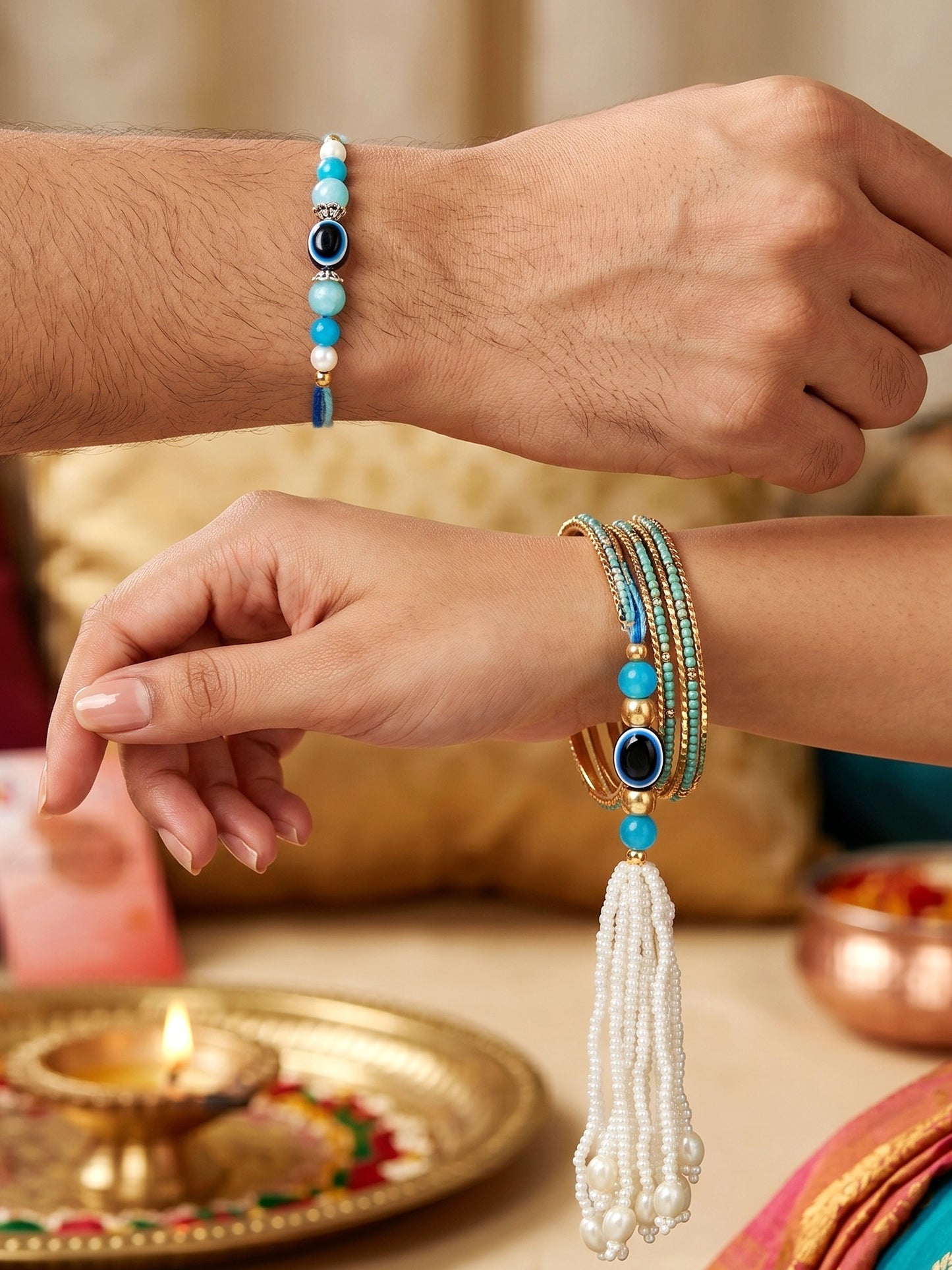Set of 2 Bhaiya Bhabhi Evil Eye Rakhi Set with Blue & White Beads, Lumba Tassel, Roli Chawal & Card (72-J5R1-1992-EE-2-2026)