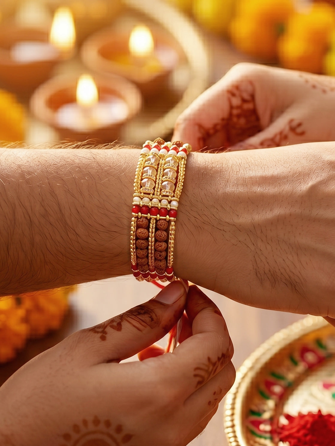Designer Broad Bracelet Rakhi for Brother with Roli Chawal & Card | Multistrand Rudraksha Style Set (94-S7R1-EA3602)