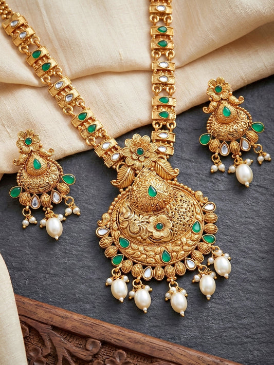 Lucky Jewellery Gold-Plated Green Color Long Necklace Set (660-G2SR-203-G)
