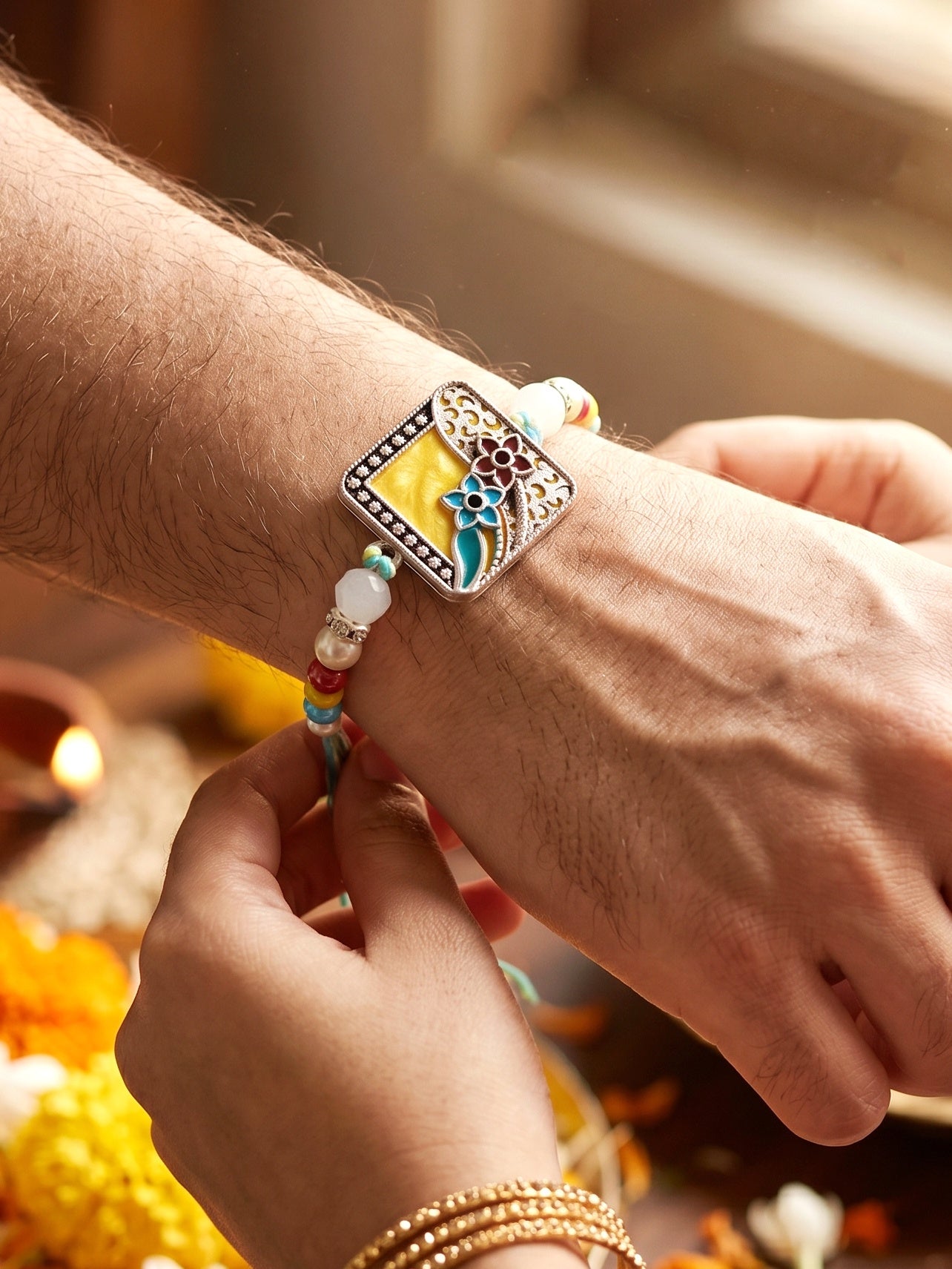 Traditional Meenakari Floral Rakhi For Brother | Silver-Finish Square Yellow Enamel Beaded Set Card (132-S5R1-AR2775)