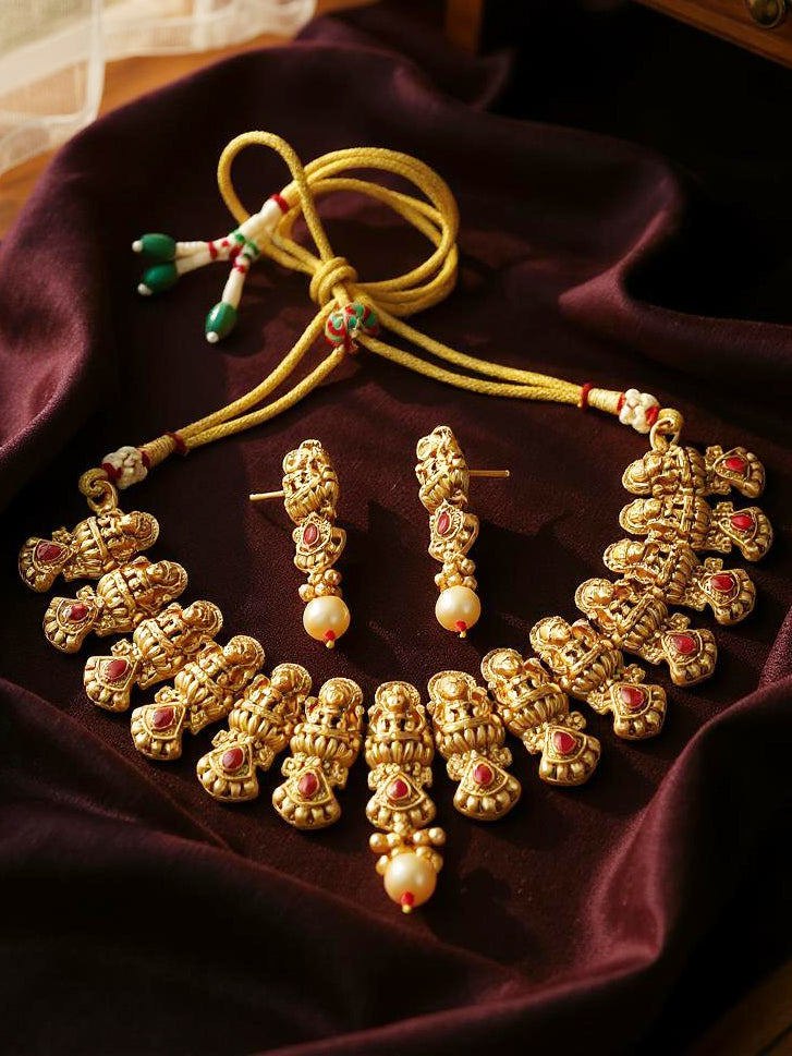 Gold Plated Temple Jewellery Goddess Lakshmi Design Necklace with Earrings