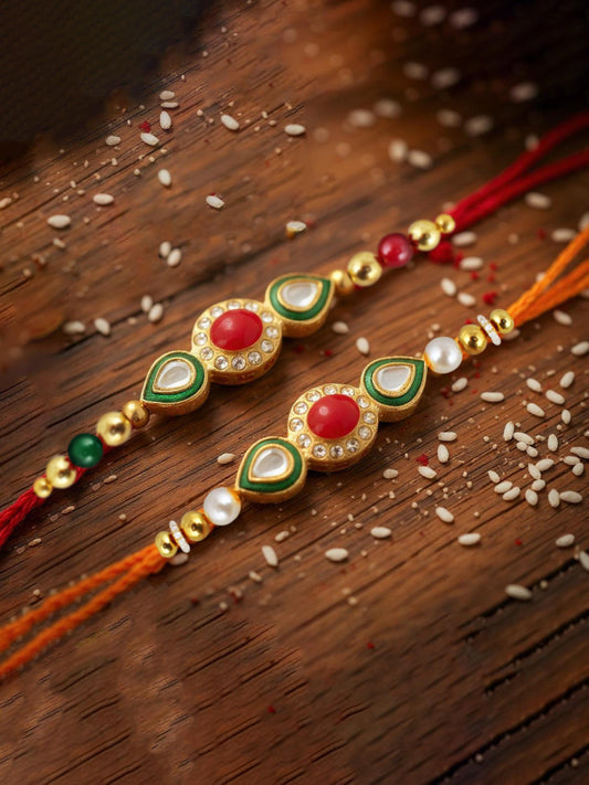 Lucky Jewellery Designer Gold Plated Meena Kunda Rakhi - Rakshabandhan Stone Rakhee Bracelet for Brother/Bhaiya/Bhai/Bhabhi - Pack of 2 (98-J5R1-1977-2)