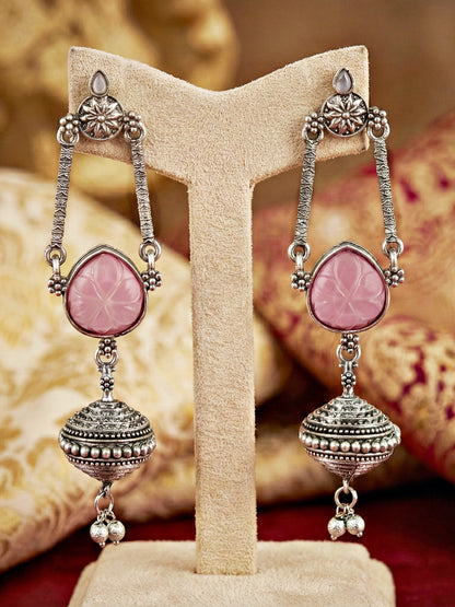Oxidised Silver Pink Stone Long Dangler Earrings For Girls & Women (370-KEG-13541-PK-S)