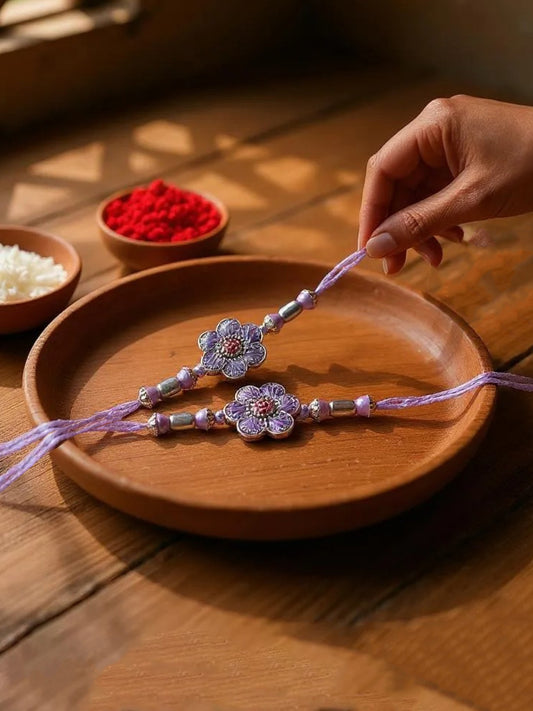 Lucky Jewellery Designer Oxidised Silver Rakhi - Rakshabandhan Purple Color Meena Rakhee Bracelet for Brother/Bhaiya/Bhai/Bhabhi - Pack of 2 (106-CHR1-1967-P-S-2)