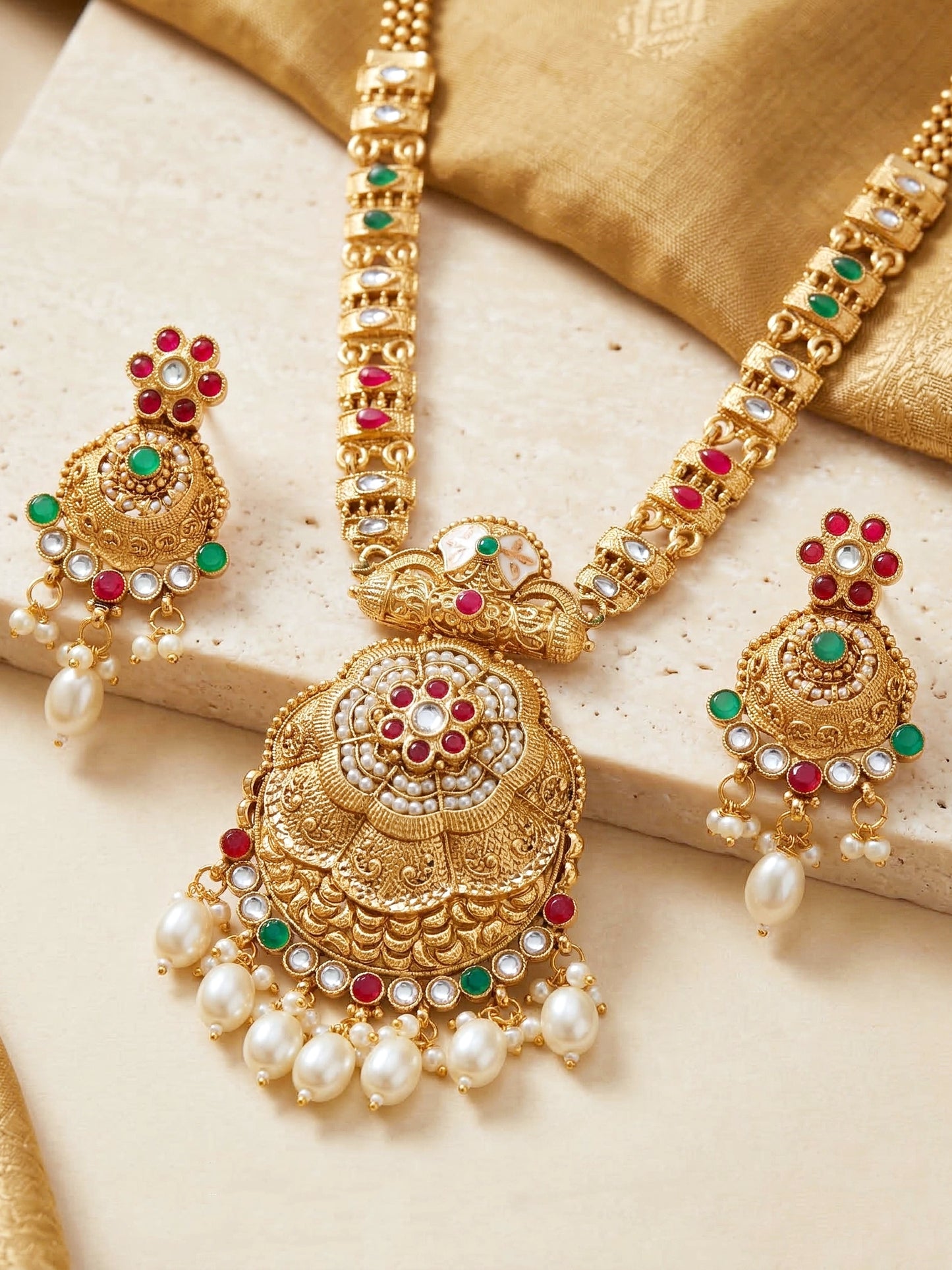 Lucky Jewellery Gold-Plated Ruby & Green Color Long Necklace Set (816-G2SR-205-RG)