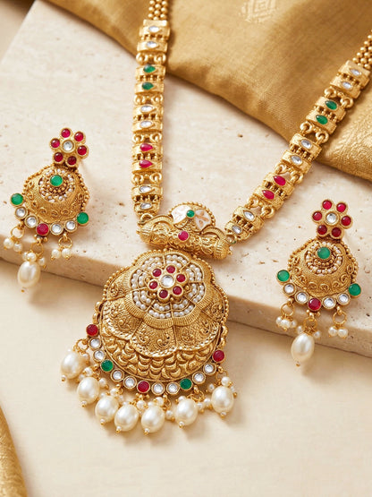 Lucky Jewellery Gold-Plated Ruby & Green Color Long Necklace Set (816-G2SR-205-RG)