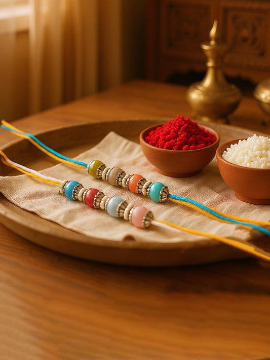Lucky Jewellery Designer Multi Color Pearl Rakhi - Rakshabandhan Rakhee Bracelet for Brother/Bhaiya/Bhai/Bhabhi - Pack of 2 (96-JPR1-1993-MT-S-2)