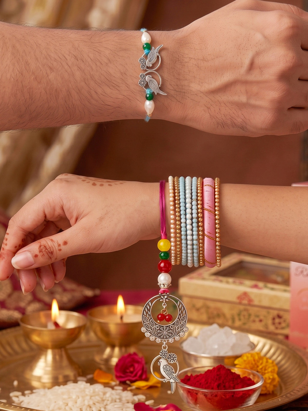 Set of 2 Bhaiya Bhabhi Rakhi Set with Small Bird Pendant, Maroon & Drop Beads, Roli Chawal & Card (108-JPCR1-1952-S-2-2026)