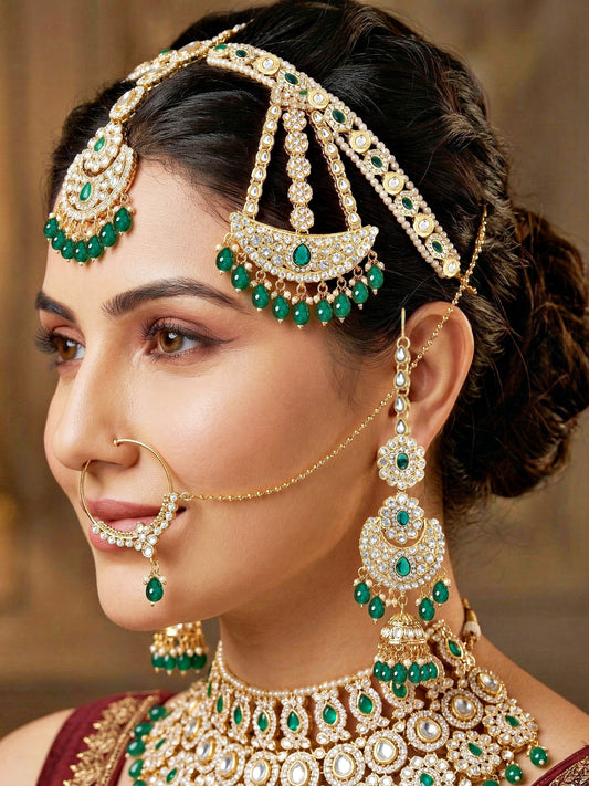Bridal AD Green Stone Heavy Choker Jewellery Set with Sheesh Patti, Nath & Jhumka (3300-M8ZK-1104-G)