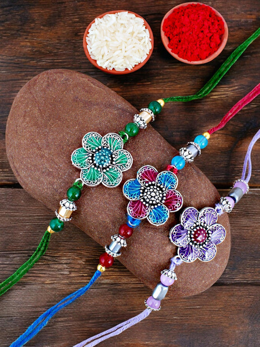 Lucky Jewellery Designer Oxidised Silver Meena Floral Rakhi - Rakshabandhan Rakhee Bracelet for Brother/Bhaiya/Bhai/Bhabhi - Pack of 3 (144-CHR1-1967-3)