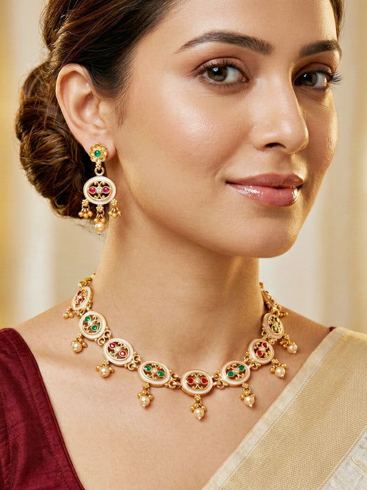 Lucky Jewellery Gold-Plated Meenakari Red & Green Stone Necklace Set (580-G2SR-261-WRG)