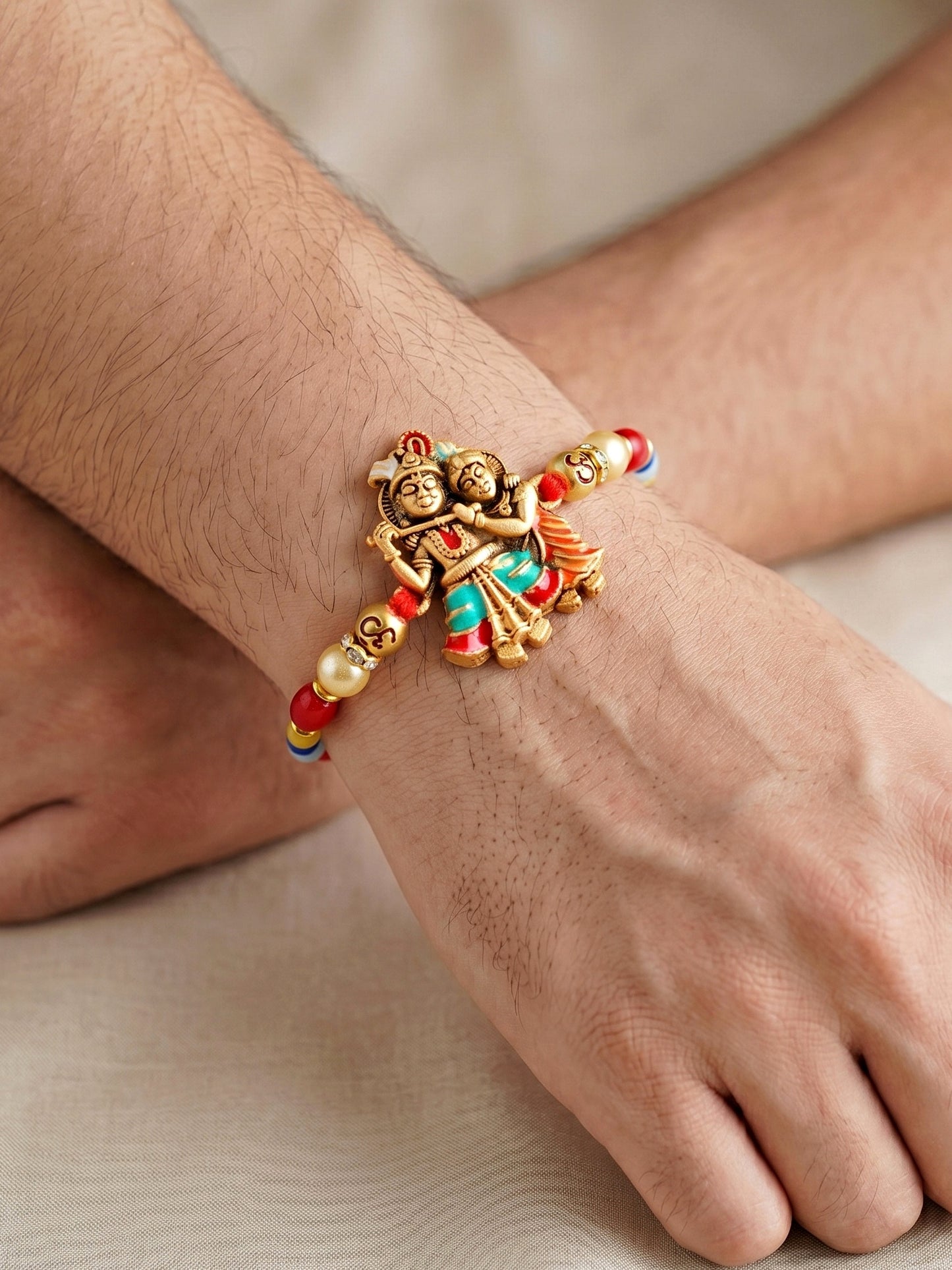Divine Radha Krishna Beaded Rakhi For Brother With Roli Chawal And Card (72-S5R1-AR2930)