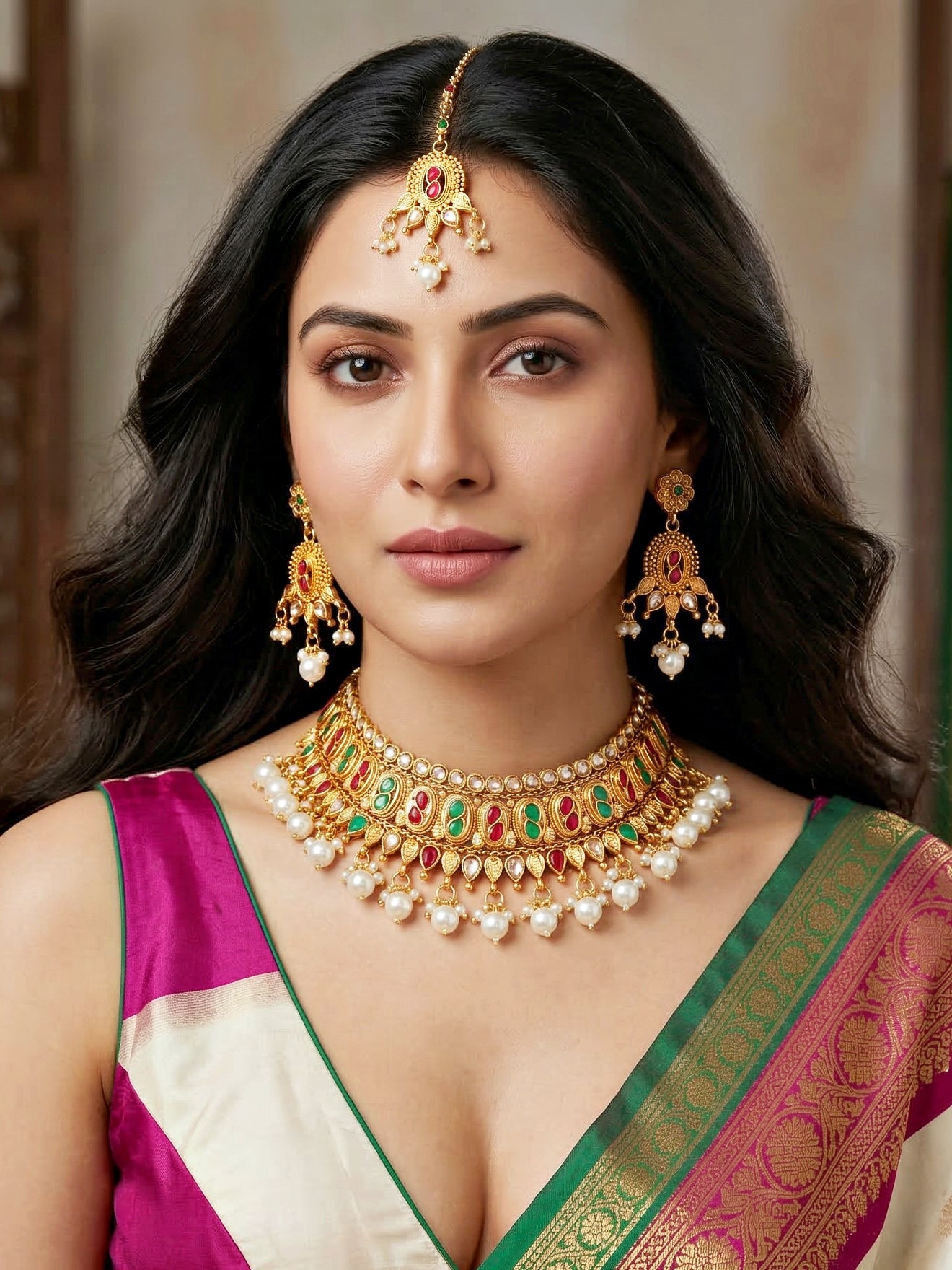Lucky Jewellery Gold-Plated Ruby & Green Color Choker Set with Tikka (866-G2SR-005-RG)