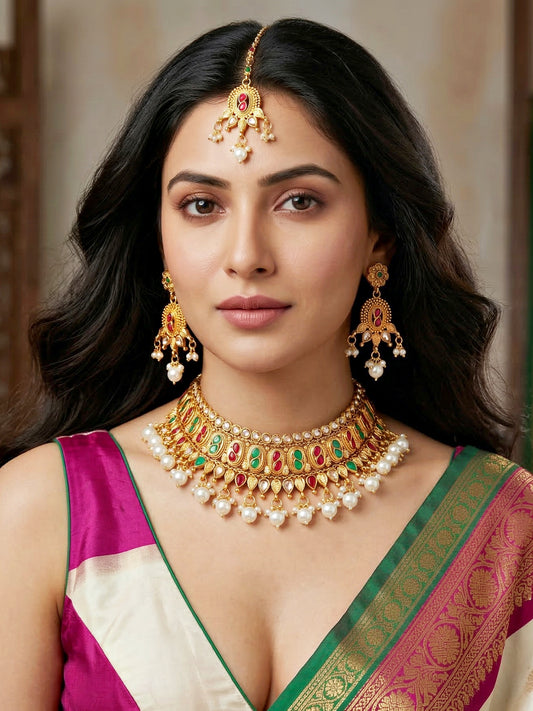 Lucky Jewellery Gold-Plated Ruby & Green Color Choker Set with Tikka (866-G2SR-005-RG)